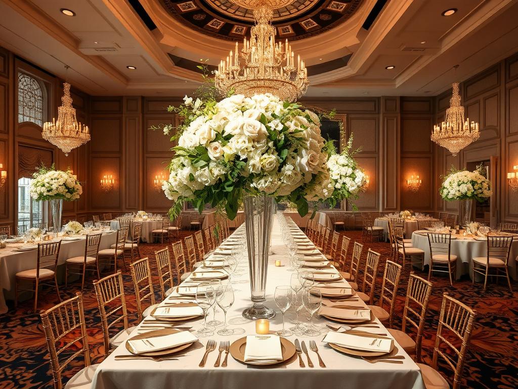 Long banquet table with towering florals in a chandelier-lit ballroom