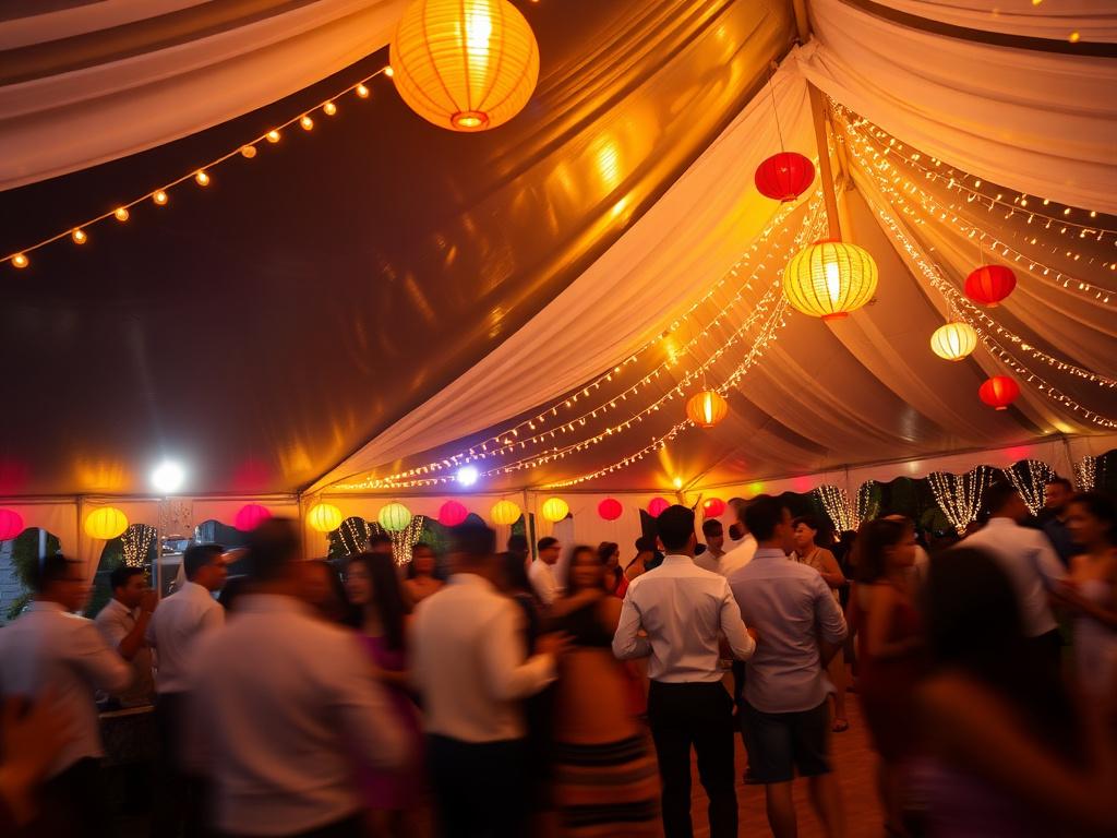 Marquee dance floor glowing under strings of fairy lights