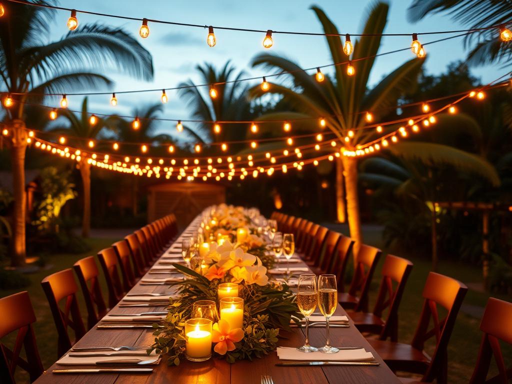 Garden celebration dinner under string lights with orchid centrepieces