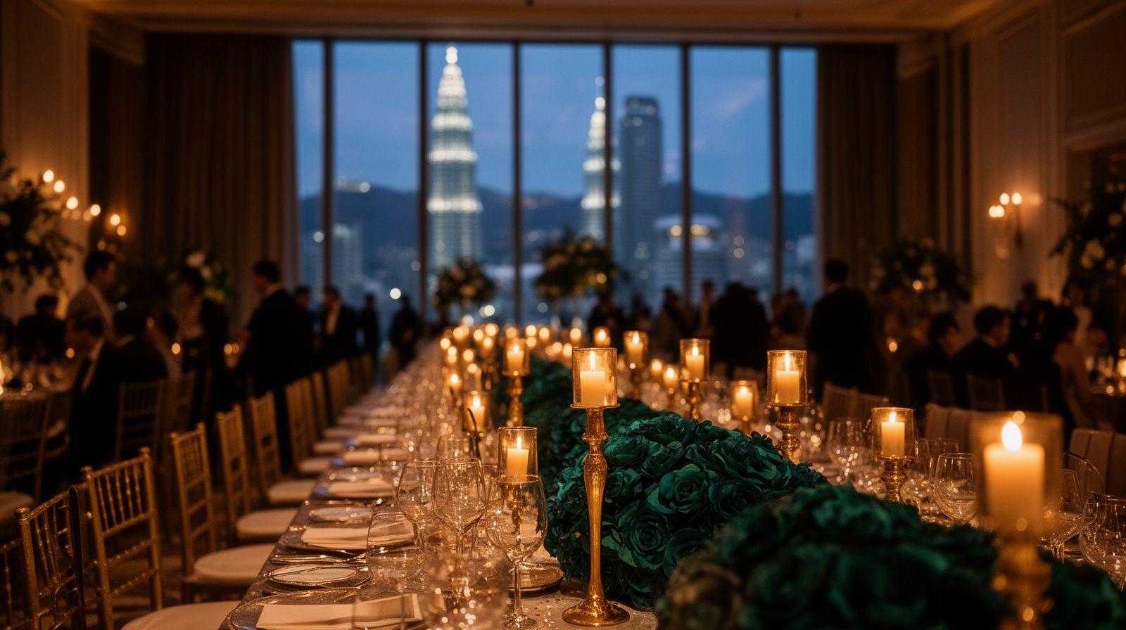 Evening gala dinner in a Kuala Lumpur ballroom with city skyline views