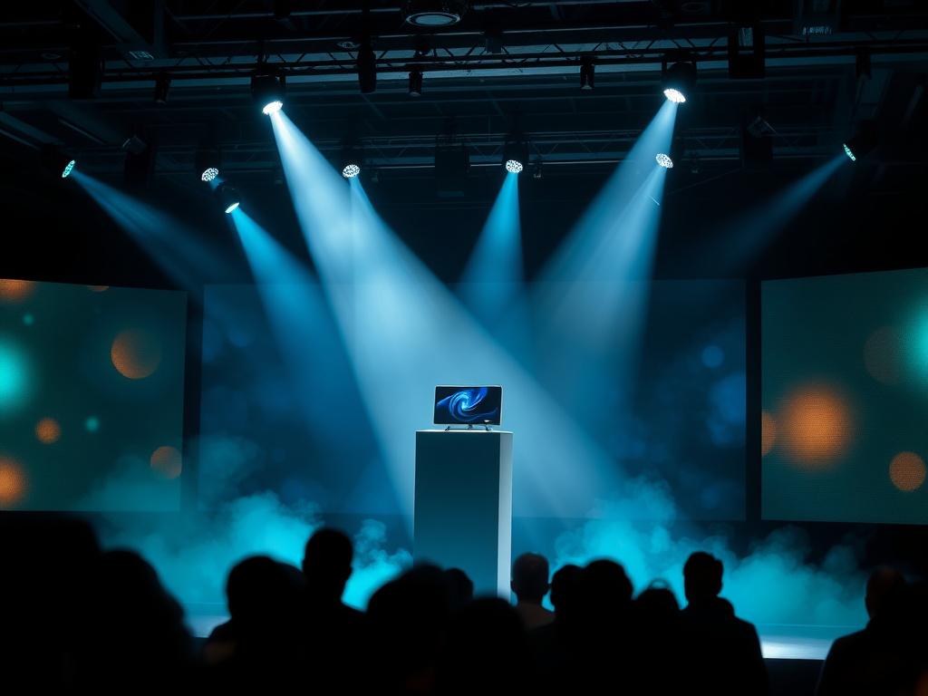 Keynote moment on a spotlit summit stage with LED backdrop