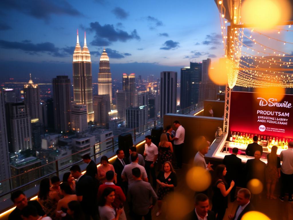 Rooftop launch party against the illuminated Kuala Lumpur skyline