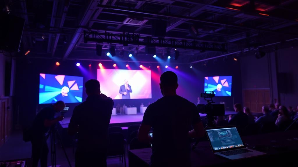 Technicians preparing a lighting rig and LED wall for a hybrid event