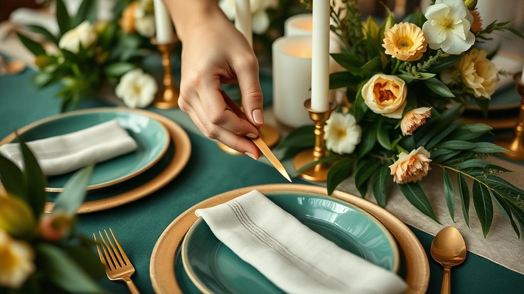 Hands styling a luxury dinner tablescape with gold cutlery and orchids