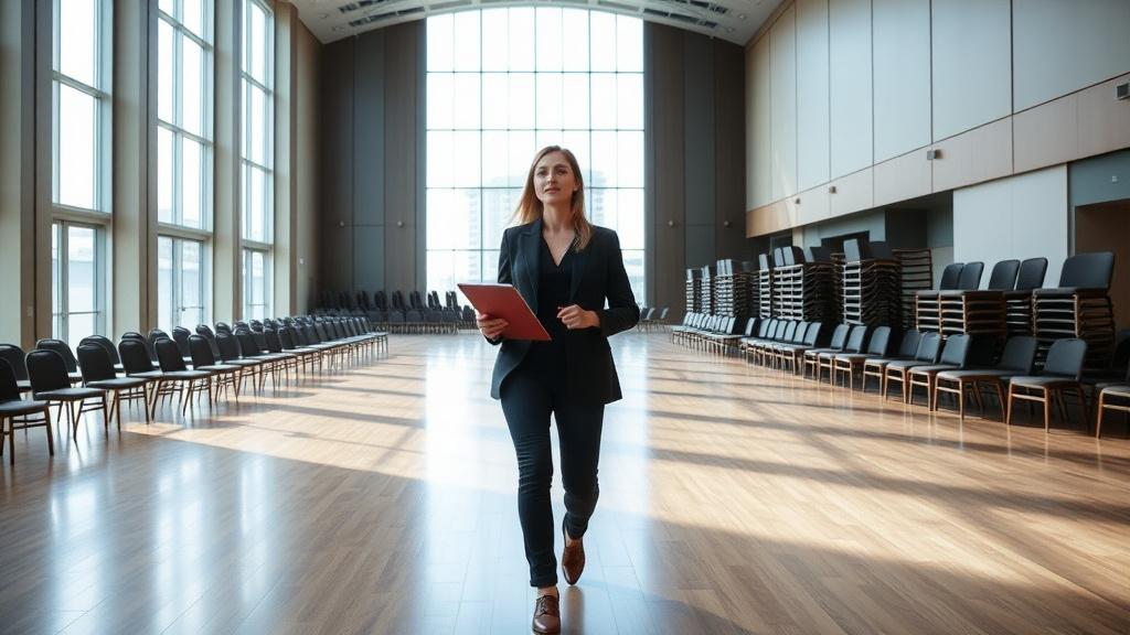 Planner inspecting an empty ballroom during a venue walkthrough